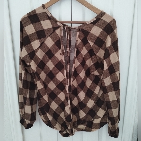 Plaid Brown Buffalo Check Open Tie  Top /cardigan - Picture 5 of 8